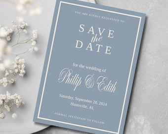Save The Date Dusty Blue | Instant Download Blue Save The Date Card | Editable Template | Modern Save The Date Card | Simple Save the date