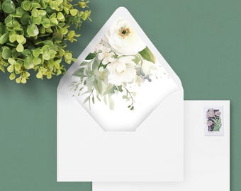 Envelope Liner Template in white floral and green Theme, 12 sizes included, Wedding Envelope Liner, Printable Liners, Instant Download PDF