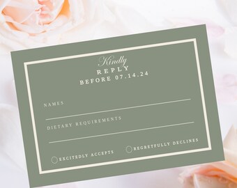 Sage Wedding RSVP | Simple Sage Reply Card | Green Wedding Theme | Rsvp Cards | DIY Invitations | Rsvp Card Template | Response Card
