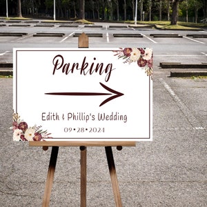 Wedding Parking Sign, Event Parking with Arrow with Burgundy & floral. Perfect for any event. Easily let your attendees know where to park.