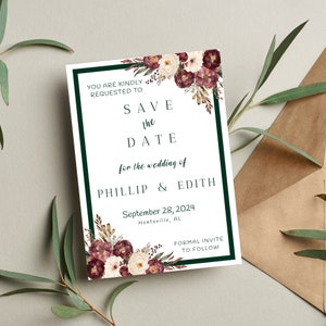 Green Save The Date Template | Templett Instant Download | Printable Date | Dark Green Save | Floral Save The Date | Dark Green Wedding