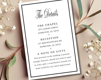 Minimalist Wedding Detail Card |  Minimalist Black & White Wedding theme  | Enclosure Card | Wedding Invitation Insert
