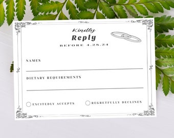 Minimalist Wedding Rsvp Card Template, Kindly Reply Card, Elegant RSVP Insert, Editable  Template,  Invitation Enclosure,  Response Card