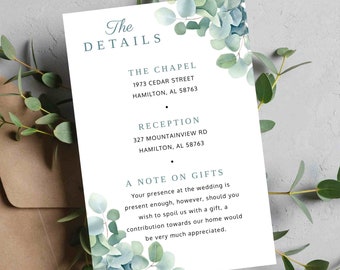 Wedding Details Card Template in Eucalyptus Theme |  Printable Instant Digital Download | Enclosure Card | Wedding Invitation Insert