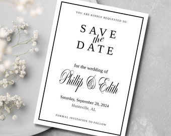 Save The Date Simple Black & White | Instant Download Save The Date Card | Editable Template | Modern Save The Date Card