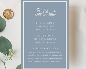 Dusty Blue Wedding Detail Card |  Minimalist Dusty Blue Wedding theme  | Enclosure Card | Wedding Invitation Insert