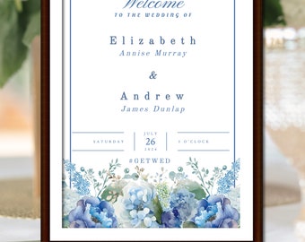 Editable Wedding Welcome Sign Template Blue Floral | Canva Printable ...