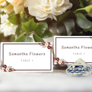 Modelo de cartão de lugar para recepção de casamento em Borgonha e branco, cartões de mesa, cartões de lugar para impressão, download instantâneo, experimente antes de comprar