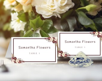 Wedding Reception Place Card Template in Burgundy & White, Table Place Cards,  Printable Place Cards, Instant Download, Try before you buy