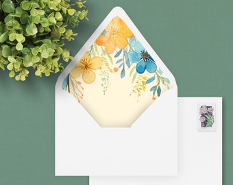 Envelope Liner Template in watercolor yellow and blue floral Theme, 12 sizes included, Wedding Envelope Liner, Printable Liners
