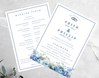 Blue Hydrangea  Wedding Program,  Wedding Program Template,  front and back, size 5x7, Blue Ceremony Program,  Blue Floral Theme
