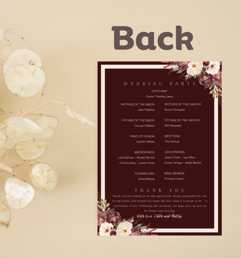 Burgundy Wedding Ceremony Program With Florals, Wedding Program