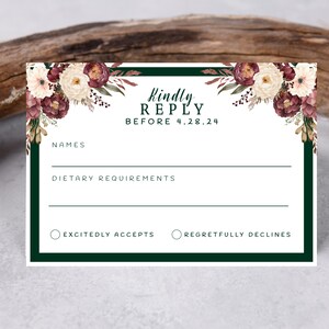 Green Wedding Rsvp Card Template, Kindly Reply Card, Elegant Burgundy Floral, Editable Template,  Invitation Enclosure,  Response Card