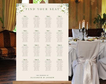 May include: A wedding seating chart with a floral design and the text "FIND YOUR SEAT". The chart lists tables numbered 1 through 16 with guest names under each table number. The chart also includes the text "THE WEDDING OF ELIZABETH & ANDREW".
