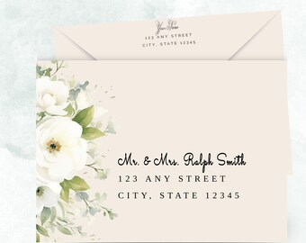 White Floral and Green Envelope Template | Printable Envelope |  Editable Text |  | Diy Envelope Printing | Wedding Envelope Tpl