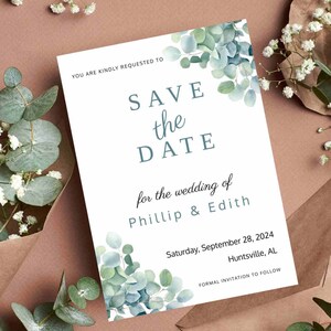 Eucalyptus Greenery Guardar la fecha, invitación a seguir, Guardar la fecha simple, Descarga instantánea editable, Plantilla de vegetación