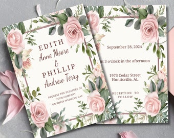 Rose border Wedding Invitation Template | Editable Invitation  Printable | Pink Rose Elegant Style  |  Themed Ceremony  | Try Before You Buy
