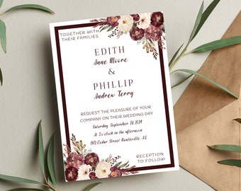 Floral Wedding Invitation Template | Editable Invitation  Printable | Floral Burgundy Invitation  | White and Burgundy collection