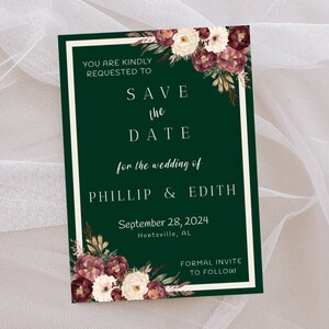 Dark Green Save The Date Template | Templett Instant Download | Printable Date | Dark Green Save | Floral Save The Date | Dark Green Wedding