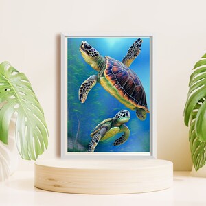 PRINTABLE ART | Turtles swimming peacefully together painting digital art. Cute and adorable TURTLE wall decor.