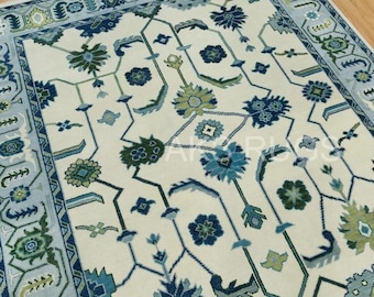 9x12 Blue Ivory Area Rug Hand Knotted 8x10/ 10x14/ 12x15 Traditional vintage Antique Oushak Rug, Modern Turkish Rug, Green Wool, Living Room