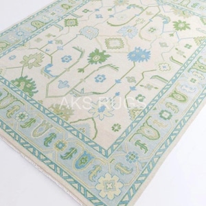 Hand knotted green white Oushak Made to Order (In Any Size!!) Geometric Knotted Modern Oushak rug/ large area/sage/muted oushak rug 5x8 8x10