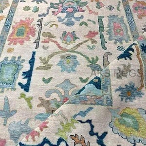 Tuscan Ivory Teal Turkish Oushak made in 100% Wool natural dying Area Rug Living Room, Bed Room, Any Room Quick Ship, Any Size