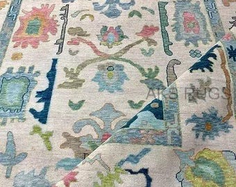 Tuscan Ivory Teal Turkish Oushak made in 100% Wool natural dying Area Rug Living Room, Bed Room, Any Room Quick Ship, Any Size