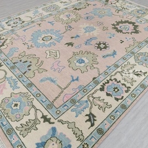 Blush Pink Vintage Inspired Oushak Rug 5x7 8x10 9x12 Handmade Turkish Wool Area Rug, Distressed Pastel Floor Decor, Home Decor, 8x10