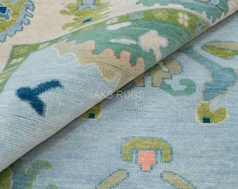 9&#39;X12&#39; Blue And Green Rug, Oushak Rug With Ivory, Olive Green & Light Pink Motifs: Modern Coastal Comfort Area Rug, Bedroom Rug, Hallway.