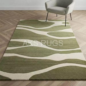Olive and white Tufted Rug Irregular Rug for Living room, Handmade Custom Large Area Wool Rugs, Bedroom, Living room 5x8, 6x9, 8x10, 9x12