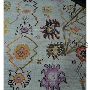 Hand Knotted Oushak Rug: Sky Blue, Beige, and Brown Wool, Geometric Area Rug