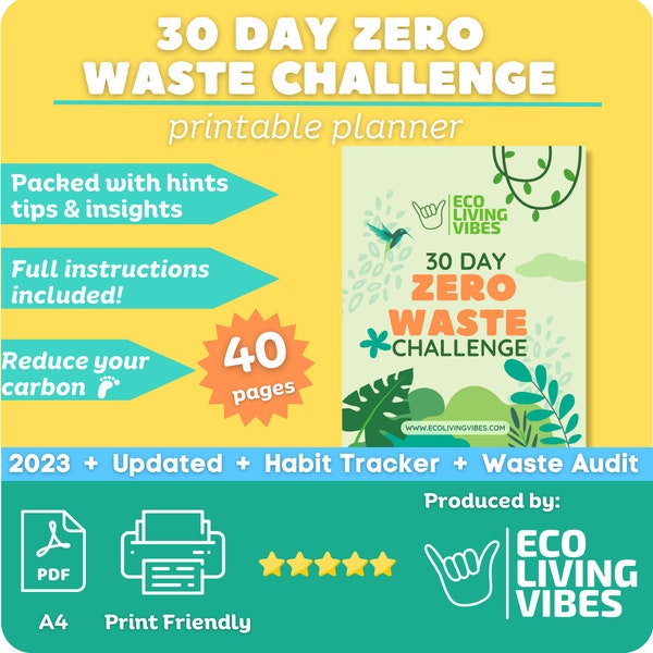 Zero Waste Challenge Planner- PRINTABLE waste reduction Journal, organizer, daily planner, weekly reflection & audit checklists