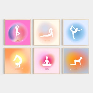 Set van 6, Yoga Pose Digital Print, Yoga Wall Art, Yoga Decor, Yoga Vrouw, Yoga Boho Print, Chakra Poster, Yoga Poses Naam, DIGITALE DOWNLOAD