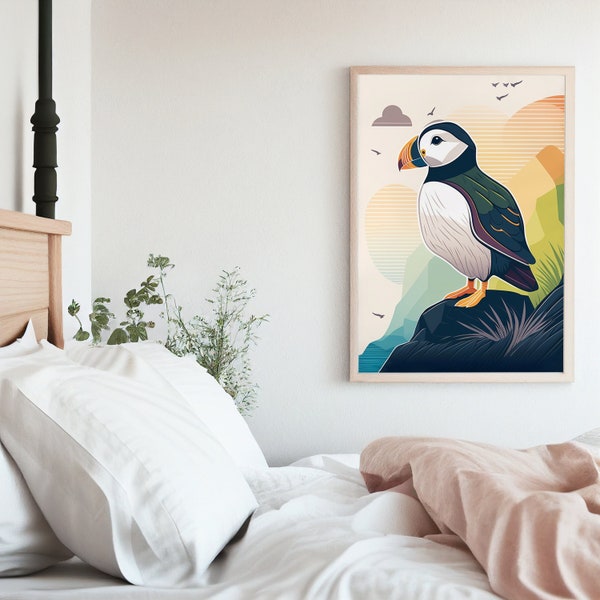 Wild Puffin Poster, Iceland, Puffin Print, Wall Art, Watercolor Printable, Cosy Decoration, Digital Download