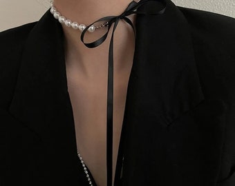 Korean Style Black Ribbon Bow Pearl Necklace