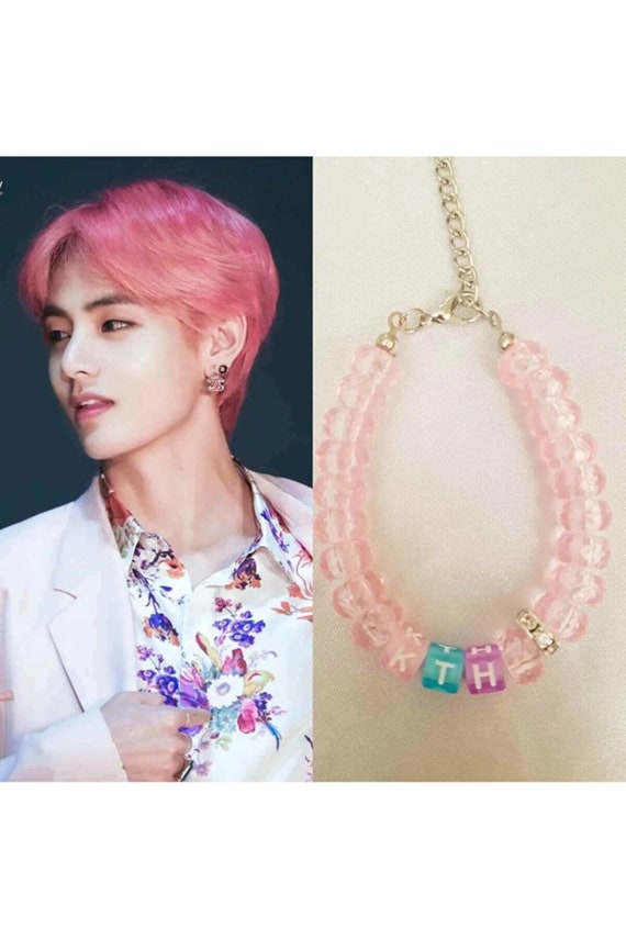 BTS V Bracelet Pink Beaded Shiny Stone Taehyung Bracelet 