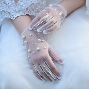 Vintage White Lace Gloves: Pearl Bridal Tea Party Gloves