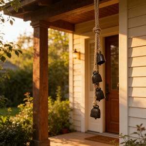 May include: A set of three bronze-colored bells hanging from a natural rope. The bells are suspended from a wooden porch, with a door and surrounding greenery in the background. The scene is bathed in warm sunlight.