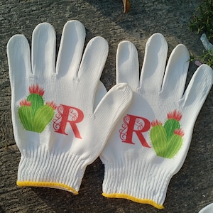 Guantes personalizados con la letra R, guantes de jardín con plantas de cactus, guantes de trabajo personalizados, guantes de algodón pintados a mano para jardineros, regalo para ella