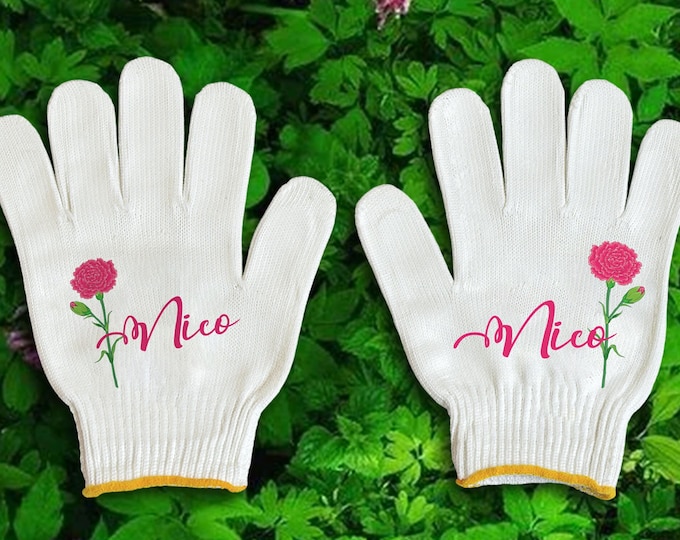 Birth Flower Gloves, Personalized Name Garden Gloves, Original Customized Work Gloves for Fairy Garden, Women's Gloves, Bicycling Gloves