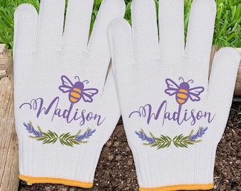 Guantes de jardinería personalizados: diseño de abeja y flor morada, guantes de trabajo de algodón personalizados