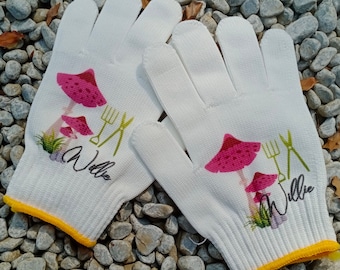 Damen-Gartenhandschuhe, Pilz-Handschuhe mit individuellem Namen/Text, Gartenhandschuhe, personalisiertes Geschenk für Pflanzenliebhaber, bemalte Baumwoll-Arbeitshandschuhe