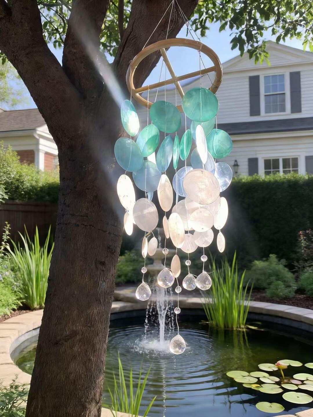 Blue Shells With Crystal Globe, Bali Style Wind Chime Coastal ...
