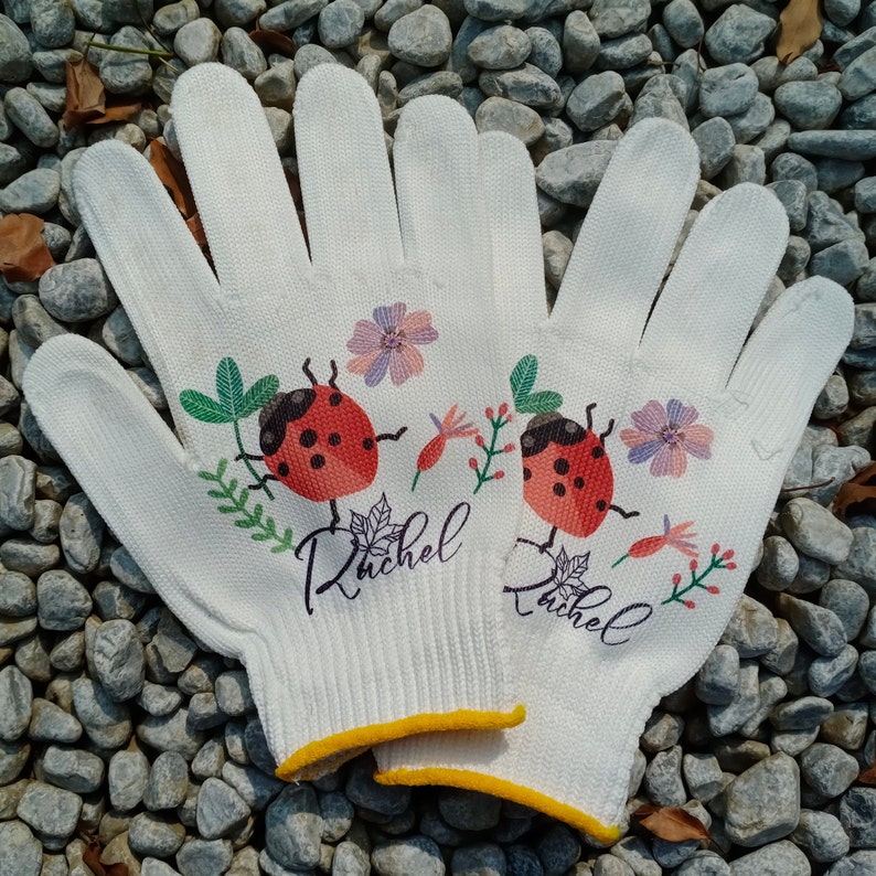 Personalized Name Gloves for Planters Lover, Ladybug Garden Gloves, Adult Work Gloves, Outdoor Cotton Gloves for Men, Gifts for Husband image 1