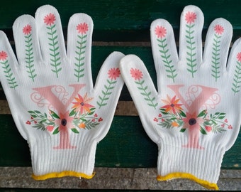 Personalized Garden Gift, Original Painted Flower Garden Gloves, Custom Name Work Gloves, Cotton Protection Gloves, Gift for Her