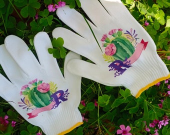 Cactus Floral Garden Gloves, Personalized Name Gloves, Custom Work Gloves, Hand Painted Cotton Gloves for Gardeners, Succulent Planters