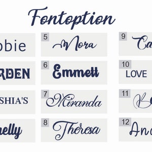 K&ouml;nnte beinhalten: Eine Tabelle mit 12 verschiedenen Schriftarten, jede mit einer Nummer und einem Namen. Die Namen sind: Abbie, GARDEN, NEESHIA'S, Shelly, Mora, Emmett, Miranda, Theresa, Carolyn, LOVE GROWS, Bee und Andrew.