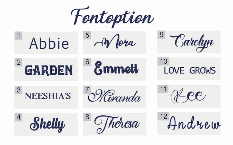 K&ouml;nnte beinhalten: Eine Tabelle mit 12 verschiedenen Schriftarten, jede mit einer Nummer und einem Namen. Die Namen sind: Abbie, GARDEN, NEESHIA'S, Shelly, Mora, Emmett, Miranda, Theresa, Carolyn, LOVE GROWS, Bee und Andrew.