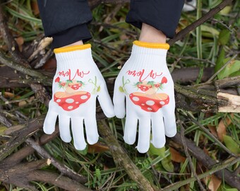 Gants de jardin avec prénom personnalisés, gants champignons originaux personnalisés à pois blancs, gants de travail en coton peints à l'acrylique, cadeau pour amateur de jardin